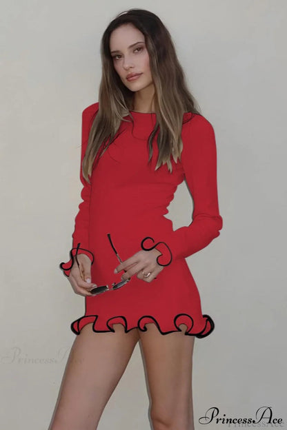 Knitted Ruffled Tight Long Sleeve Mini Dress
