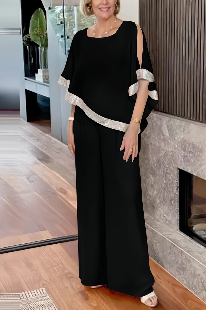 Sequins Patchwork Slit Bat Sleeve Long Pants Suits