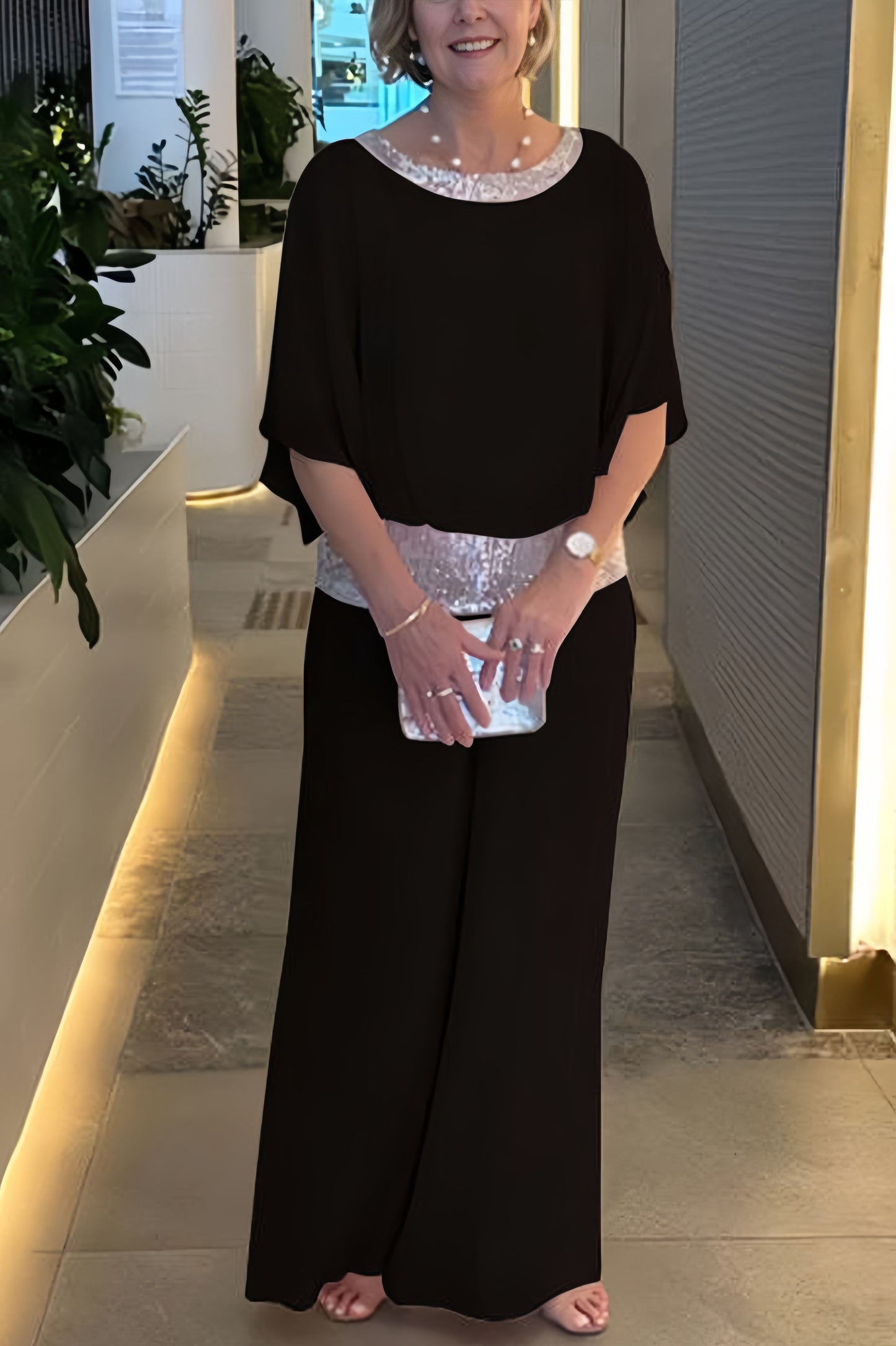 Sequins Patchwork Bat Sleeve Tops Pants Suits