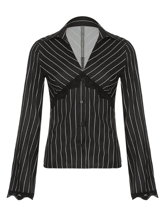 Long Sleeve Striped Blouse With V Neck and Lace Detail