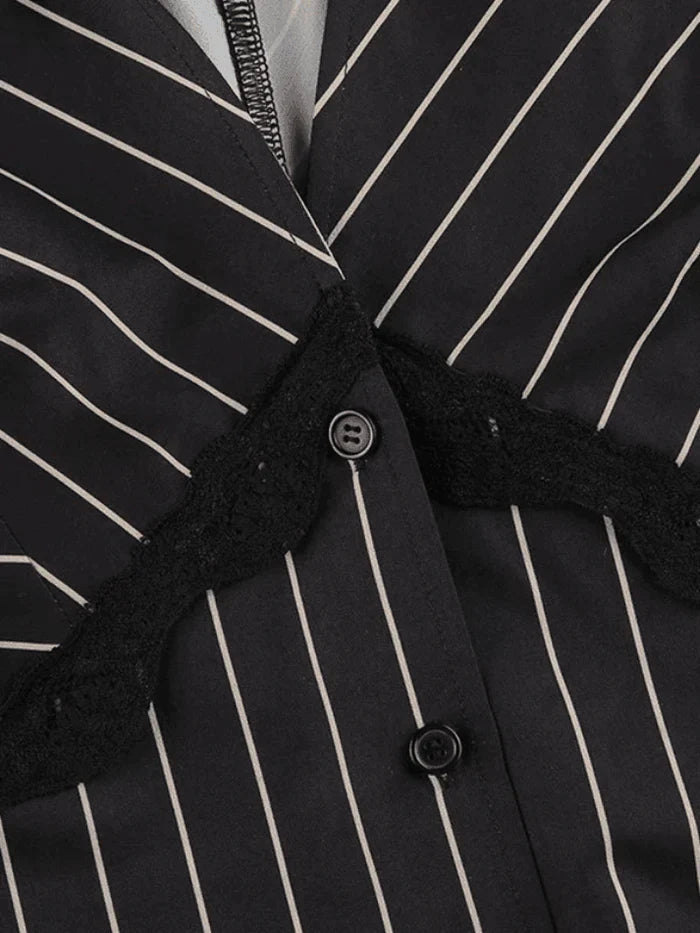Long Sleeve Striped Blouse With V Neck and Lace Detail