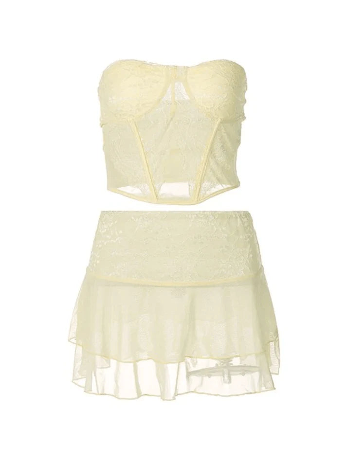 Lace Paneled Bandeau Top and Mini Skirt Two Piece Set