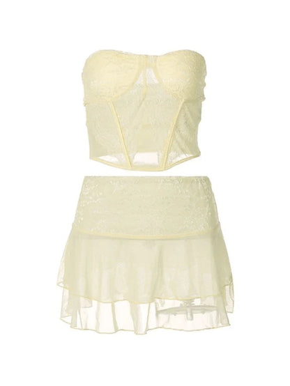 Lace Paneled Bandeau Top and Mini Skirt Two Piece Set