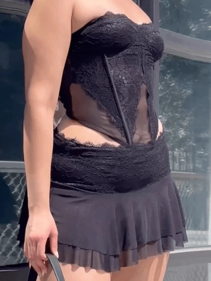 Lace Paneled Bandeau Top and Mini Skirt Two Piece Set