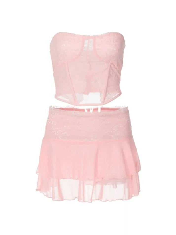 Lace Paneled Bandeau Top and Mini Skirt Two Piece Set