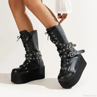Large Size Tie Up Buckle Elevated Gothic Boot