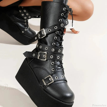 Large Size Tie Up Buckle Elevated Gothic Boot