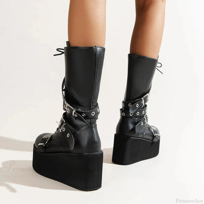 Large Size Tie Up Buckle Elevated Gothic Boot