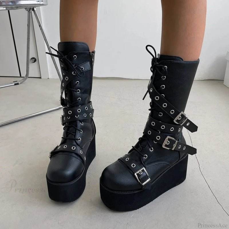Large Size Tie Up Buckle Elevated Gothic Boot