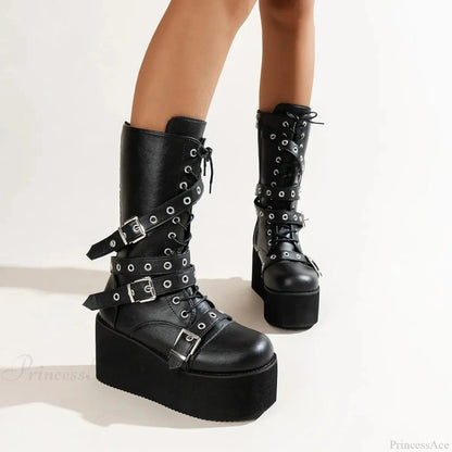 Large Size Tie Up Buckle Elevated Gothic Boot