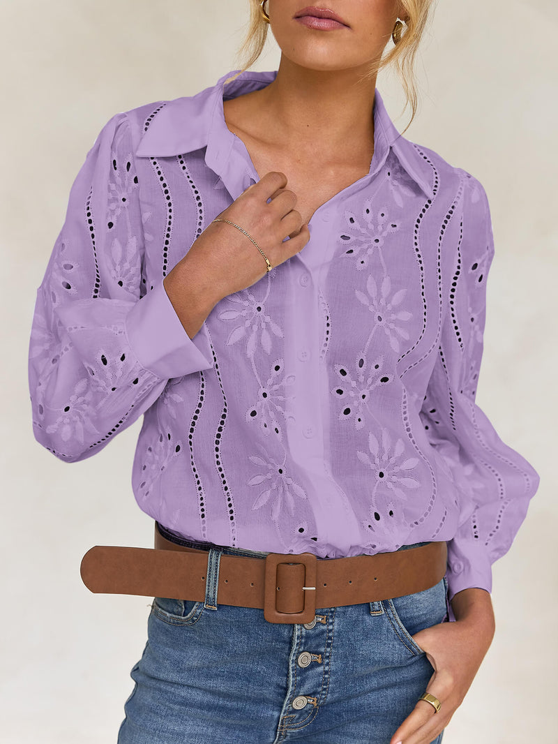 Miley Perforated Long Sleeve Blouse - Lavender