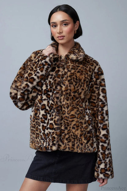 Leopard Print Faux Fur Collar Coat