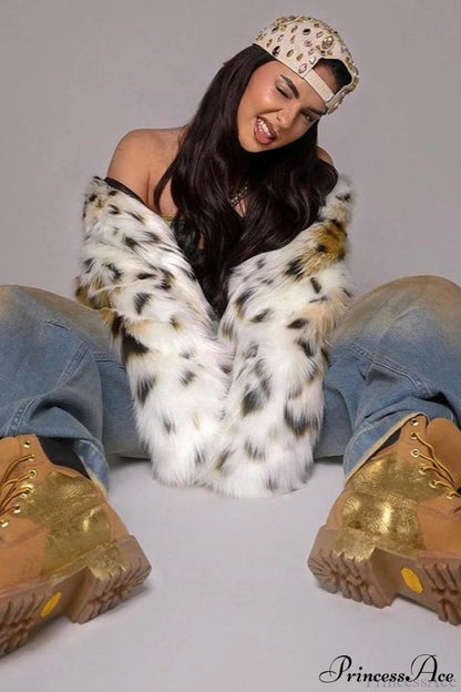 Leopard Print Faux Fur Long-sleeve Warm Coat