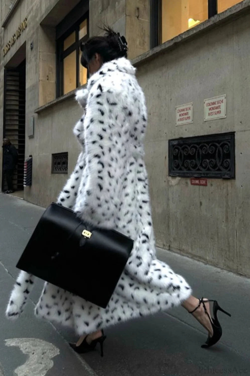 Leopard Print Warm Faux Fox Fur Notched Collar Loose Overcoat