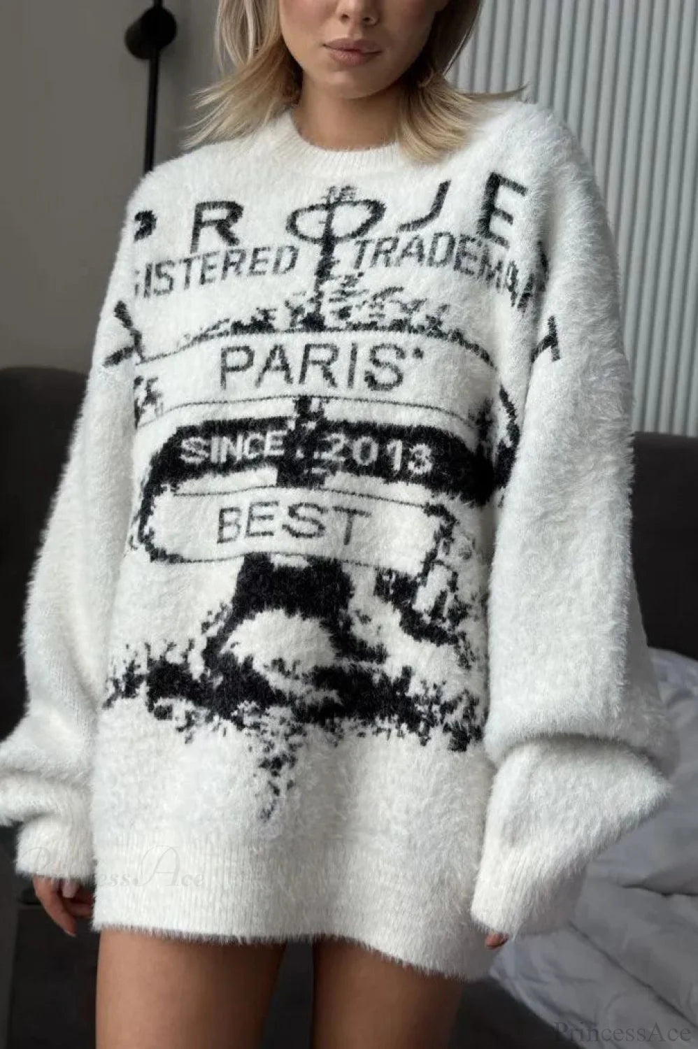 Letter Crew Neck Loose Mid Long Knit Sweater