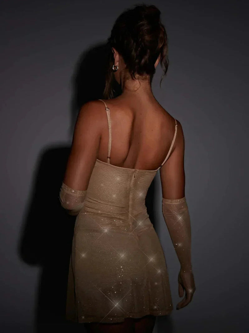 Sparkling Mesh Slip Mini Dress With Side Slit