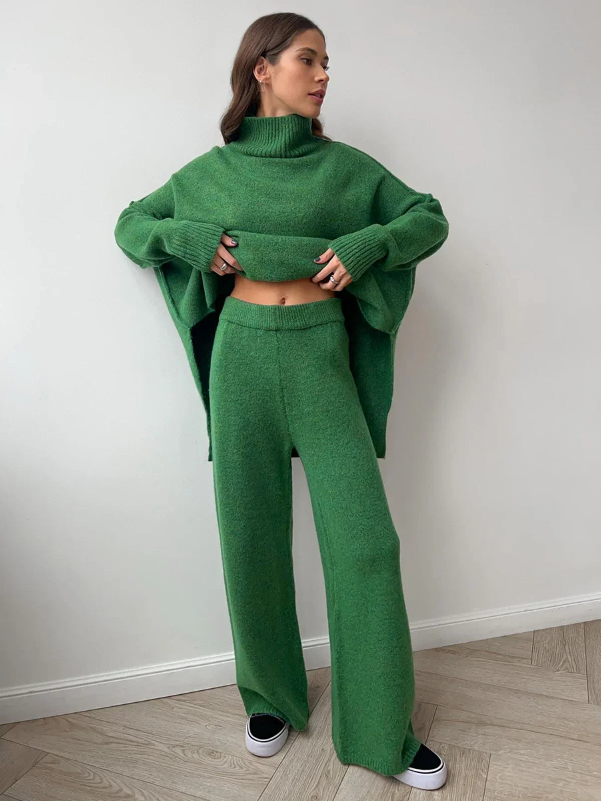 Cozy Knit Turtleneck Set With Wide-leg Pants