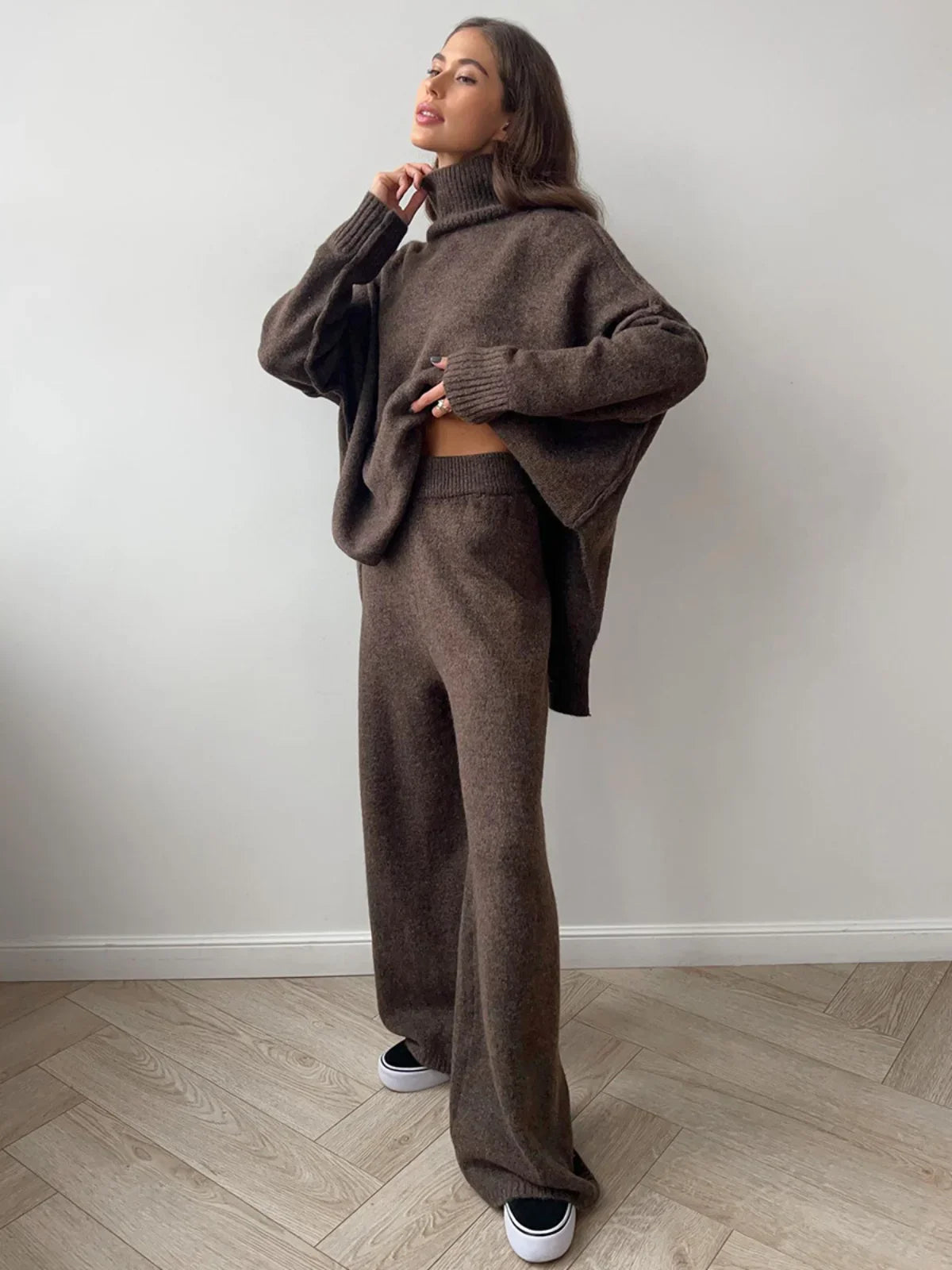 Cozy Knit Turtleneck Set With Wide-leg Pants
