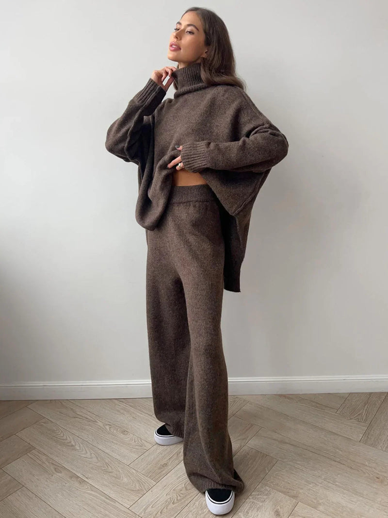 Cozy Knit Turtleneck Set With Wide-leg Pants