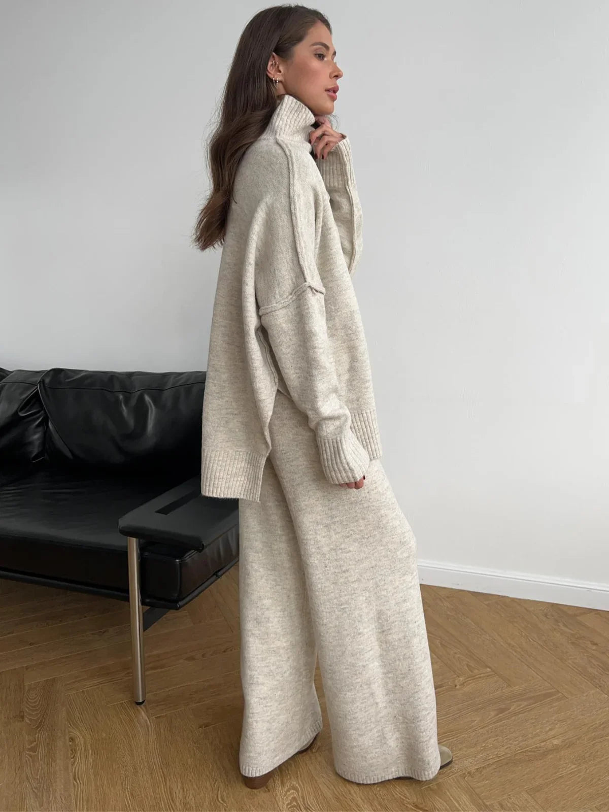 Cozy Knit Turtleneck Set With Wide-leg Pants