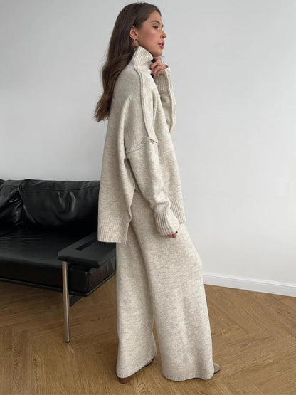 Cozy Knit Turtleneck Set With Wide-leg Pants