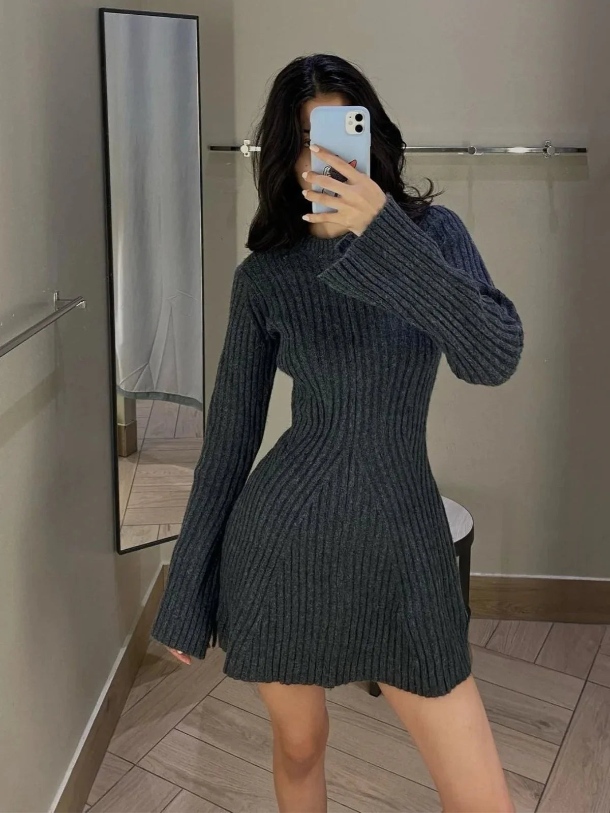 Ribbed Knit Bell-sleeve Mini Dress