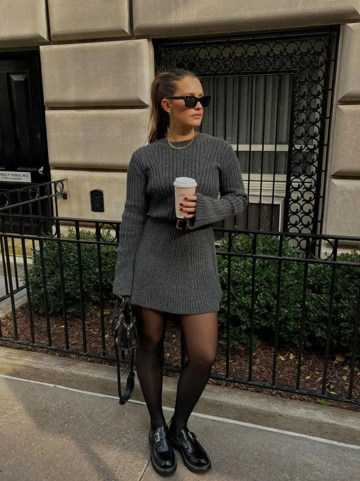 Ribbed Knit Bell-sleeve Mini Dress
