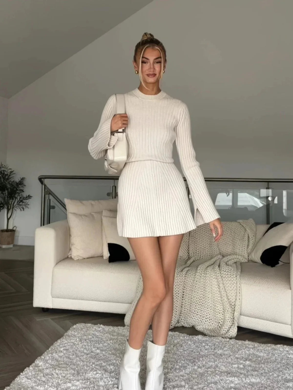 Ribbed Knit Bell-sleeve Mini Dress