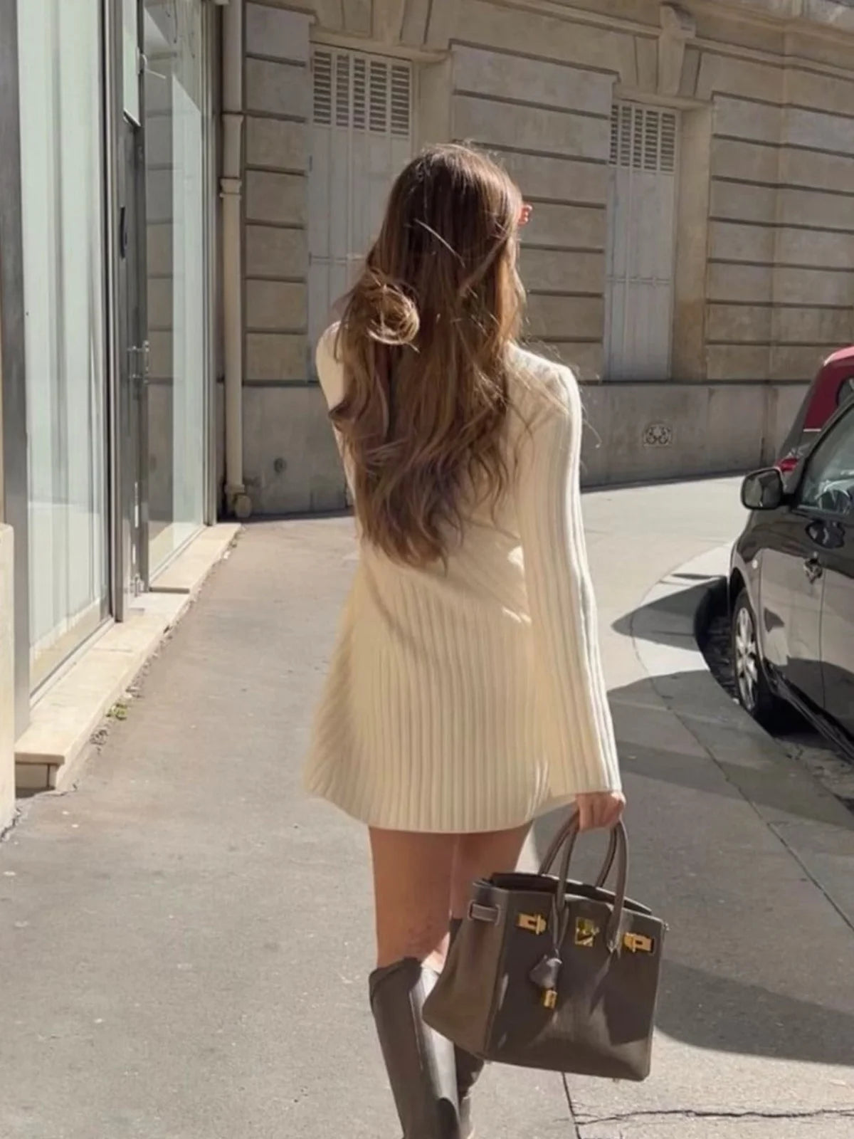 Ribbed Knit Bell-sleeve Mini Dress
