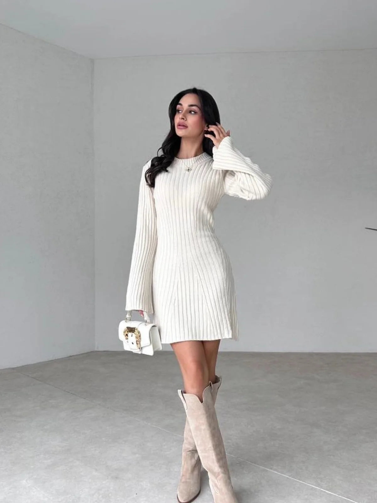Ribbed Knit Bell-sleeve Mini Dress