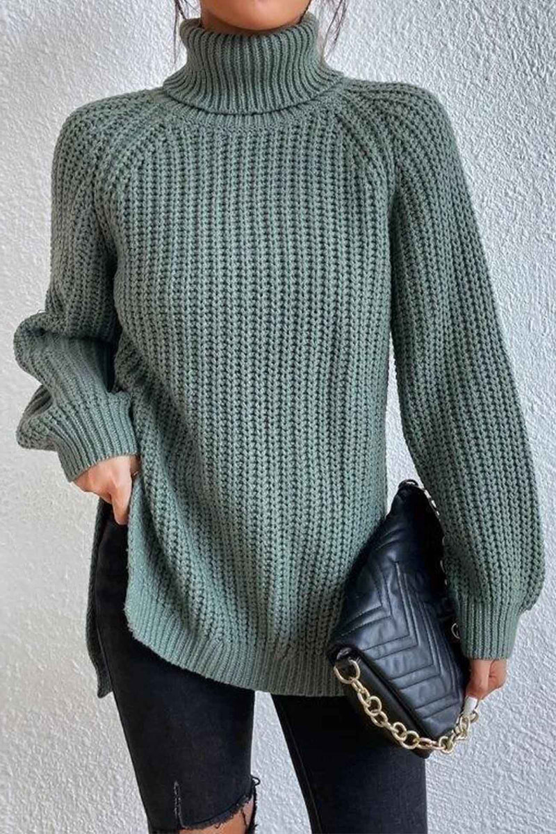 Raglan Sleeve Turtleneck Slit Mid-length Sweater