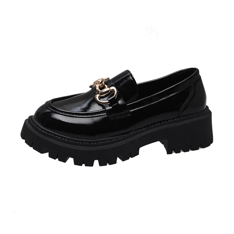 Black Patent Leather Platform Tassel British Middle Heels Flats Loafers