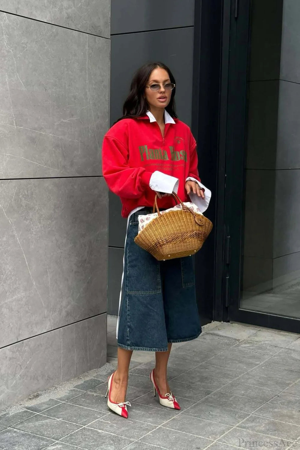 Loose Red Script Half-zip Ls Sweatshirt