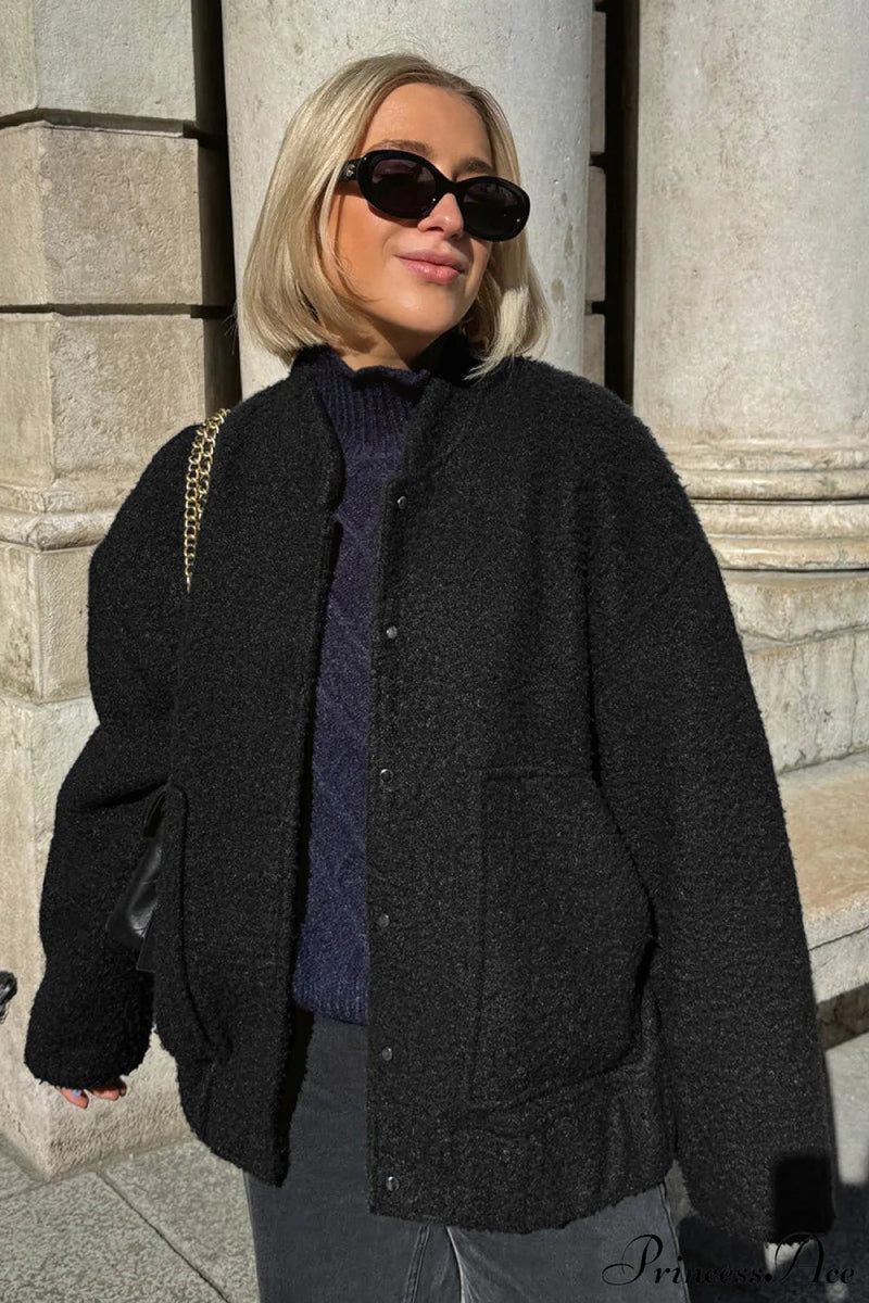 Loose Stand Collar Textured Wool Coat