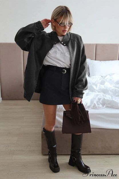 Loose Stand Collar Zipper Textured Pu Leather Coat
