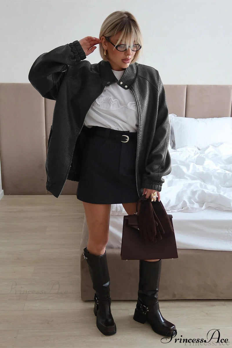 Loose Stand Collar Zipper Textured Pu Leather Coat
