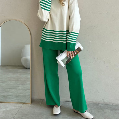 Green - Striped Half-turtleneck Sweater Two Piece Set