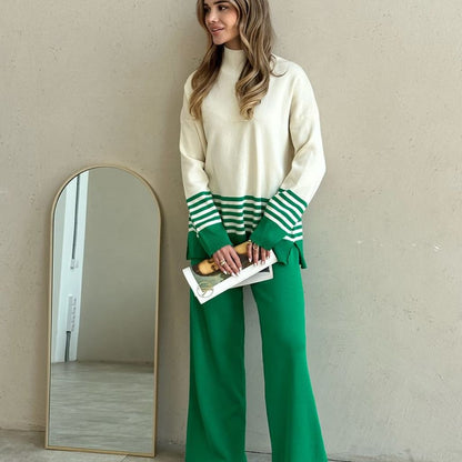 Green - Striped Half-turtleneck Sweater Two Piece Set
