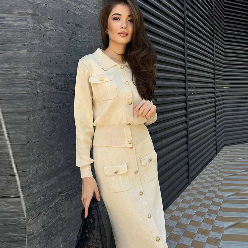 Knitted Slim-fit Two Piece Set - Apricot