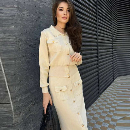 Knitted Slim-fit Two Piece Set - Apricot