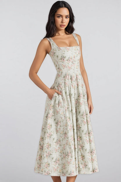 Yaralt Sage Print Cotton Midi Dress