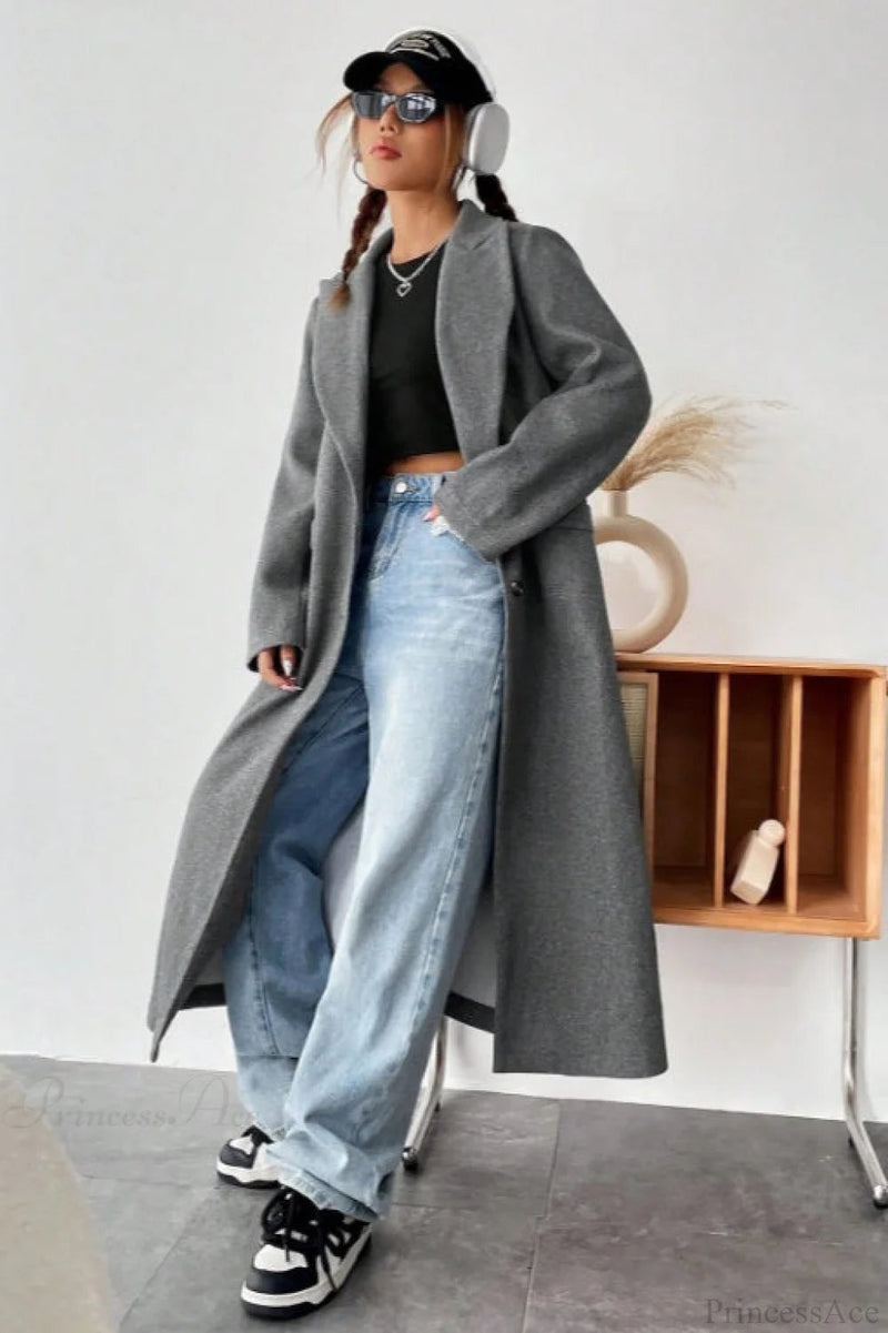 Minimalist Color Notched Collar Relaxed Wool Overcoat