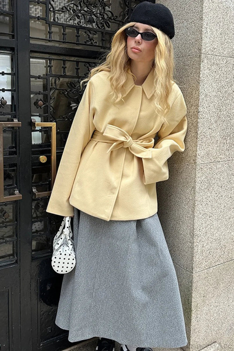 Minimalist Color Tie Waist Mid-length Coat