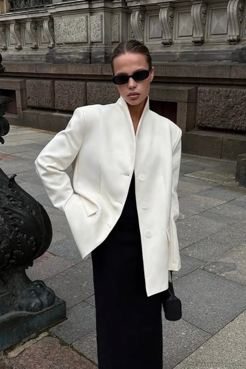 Minimalist White V-neck Relaxed Coat