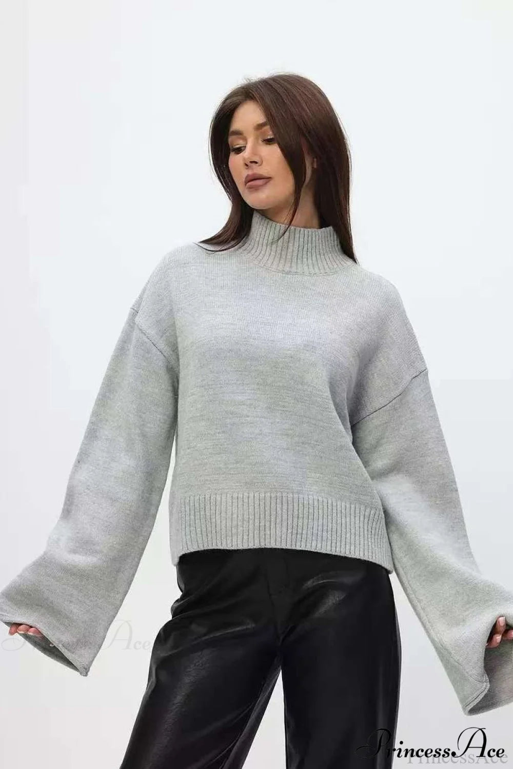 Mock Neck Bell-sleeve Loose Short Sweater