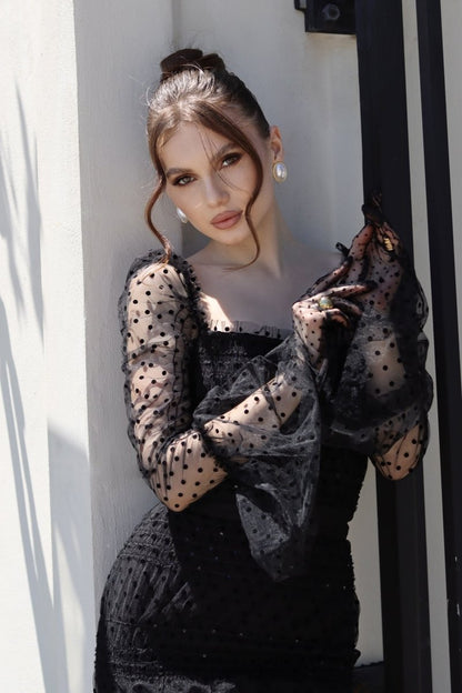 Monica Sequins Embellished Square Neck Mesh Midi Dress