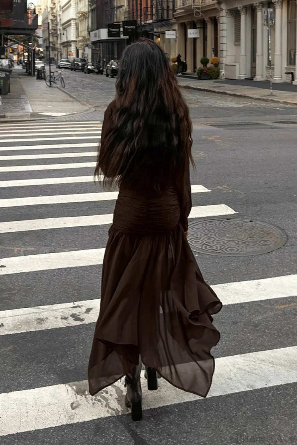 Moody Brown Chiffon Long Sleeve Asymmetrical Two Piece Set