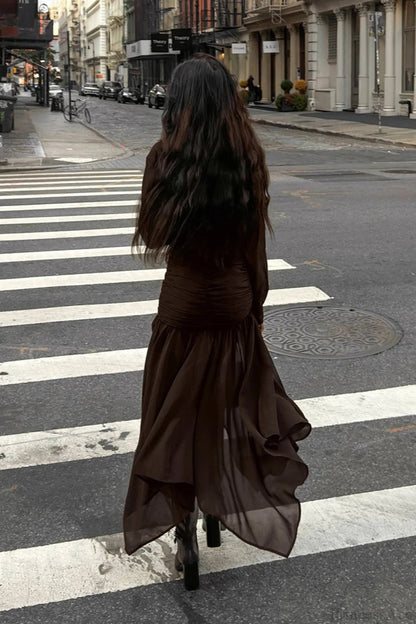Moody Brown Chiffon Long Sleeve Asymmetrical Two Piece Set