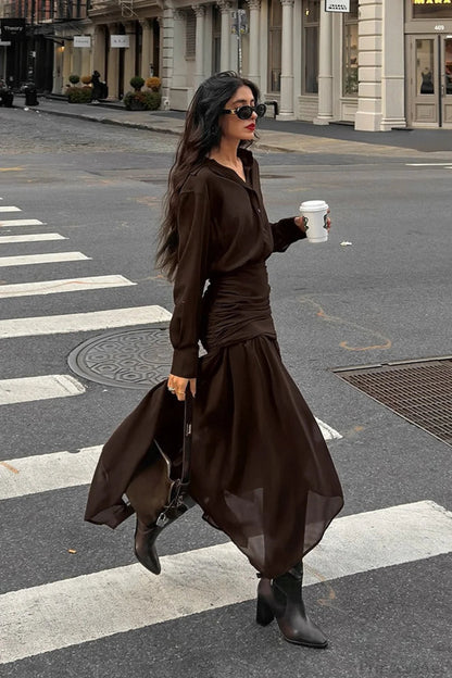 Moody Brown Chiffon Long Sleeve Asymmetrical Two Piece Set