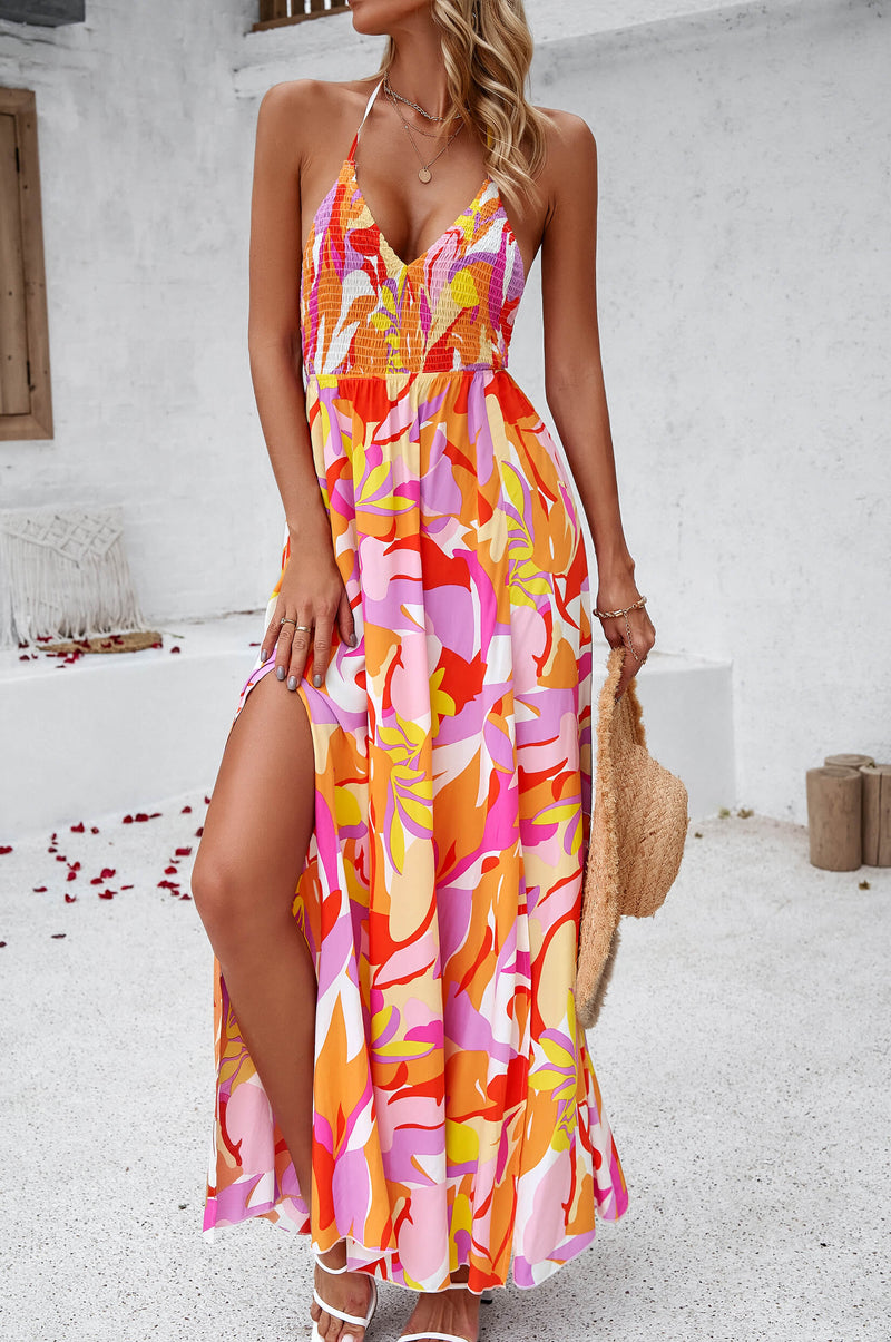 Hawaii Print Tie Back Halter Maxi Dress - Orange